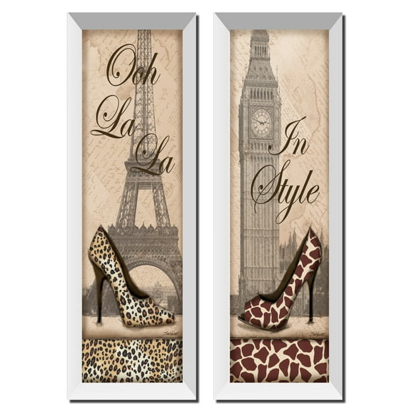 2 Travel in Style Animal Print Fashion High Heel Pumps Paris London, Two 6x18 White Framed Prints. Beige