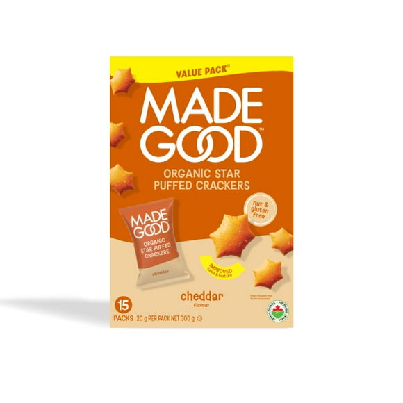 MadeGood Cheddar Star Puffed Crackers 20g 15pk, 15 Pack of 20g MadeGood Cheddar Crackers