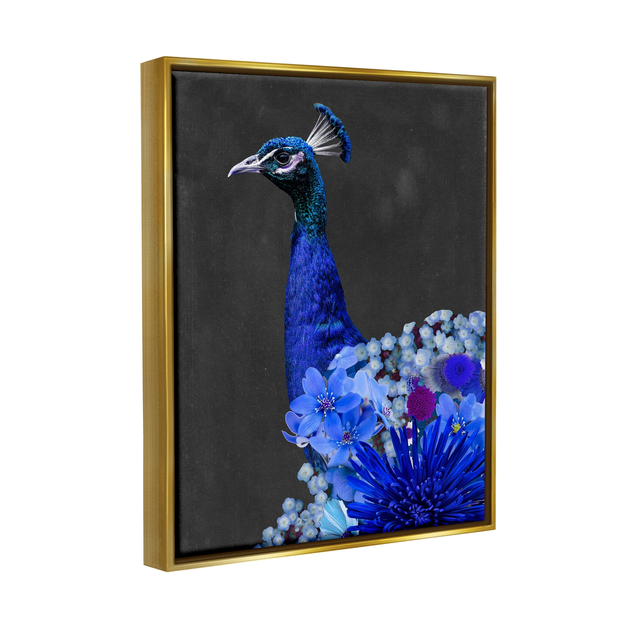 Stupell Industries Vibrant Blue Floral Peacock Animals & Insects Painting Gold Floater Framed Canvas Art Print Wall Art, 25 x 31