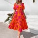 thumbnail image 1 of Puntoco Vestido De Manga Corta Con Cuello En V, Estampado Floral Informal Para Mujer, Manga Abullonada, Lazo Fruncido, Sin Espalda, En Capas, Naranja Xl, 1 of 9