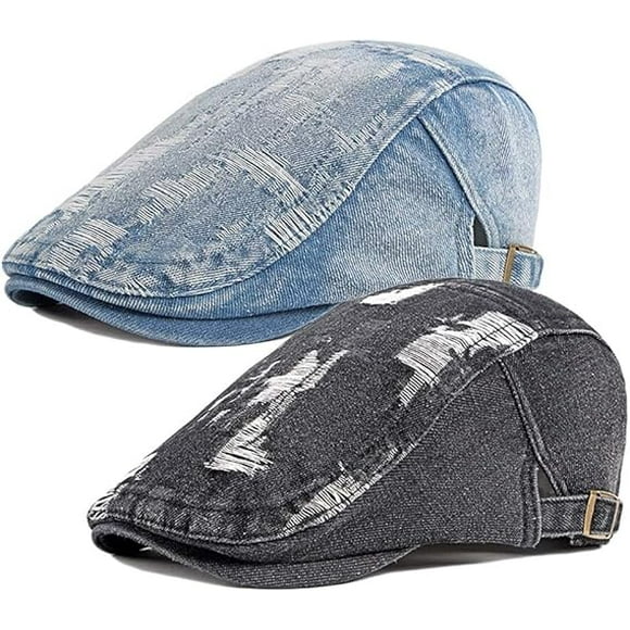 2 Pack Mens Denim Cotton Newsboy Cap Ivy Gatsby Driving Hunting Cabbie Hats,black