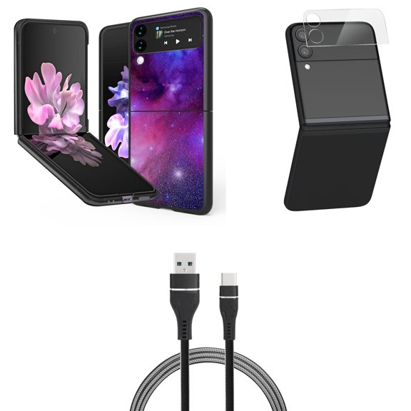 Bemz Premium Bundle for Samsung Galaxy Z Flip 3 5G: Slim Snap-On Protector Case (Nebula Galaxy), Rear Camera Glass Protector, Nylon Braided USB-C to USB-A Cable (3 Feet)