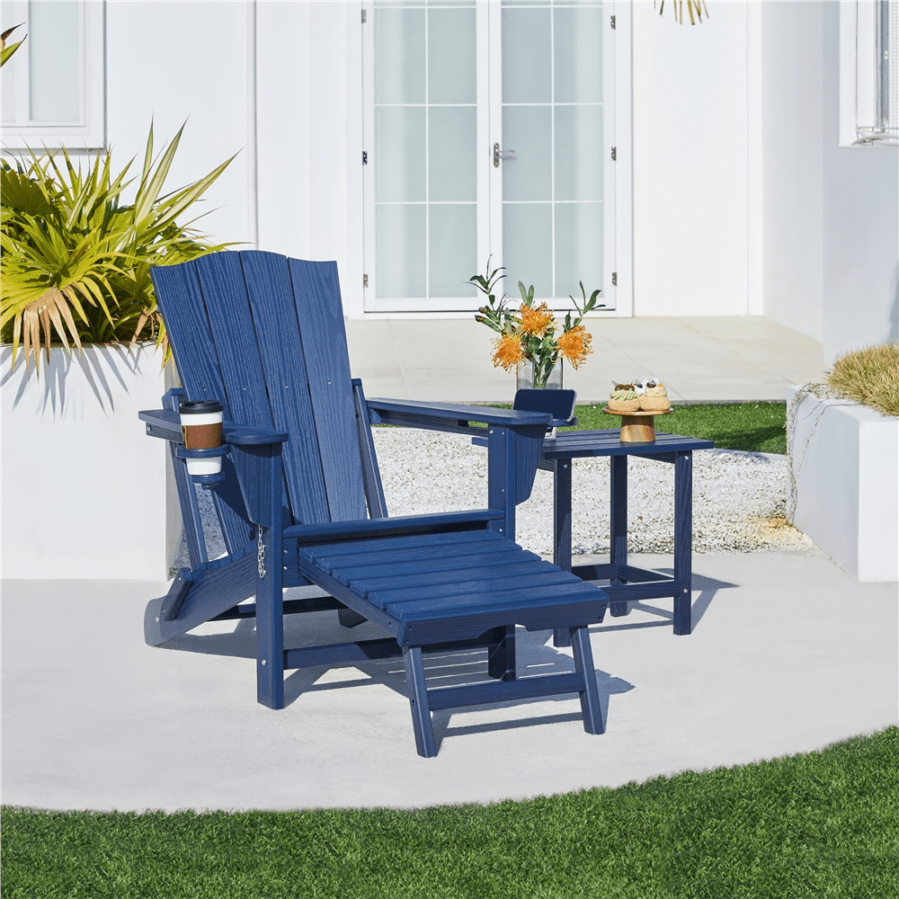 Renwick Outdoor HDPE Adirondack Chair with Retractable Ottoman, Navy Blue