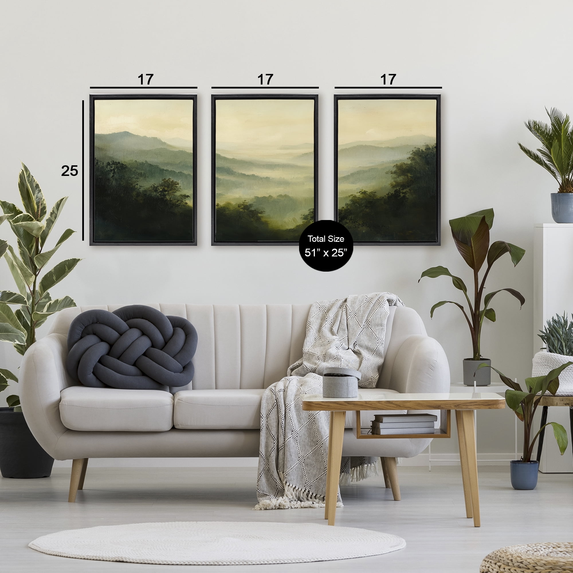 Stupell Industries Through The Haze Mountain Panorama 3 Piece Black Framed Floater Canvas Set, design by Petal Prints Design