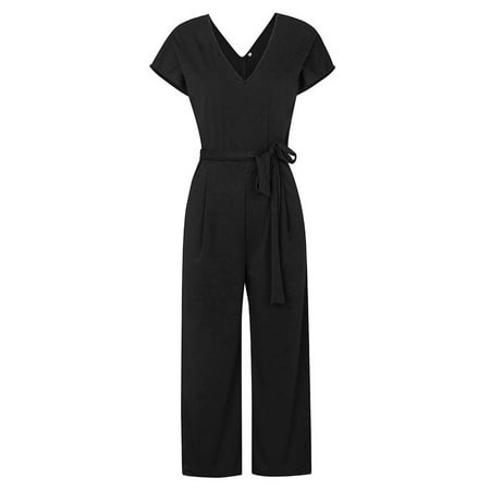 

Women V-neck Jumpsuit Short Sleeve Solid Playsuit Color Summer Rompers