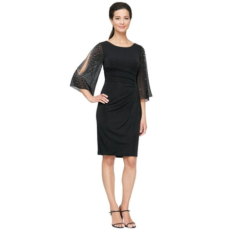 Alex Evenings Short Sheath Dress with Embellished Illusion Split Sleeves and Skirt (Unisex, Black, 12)