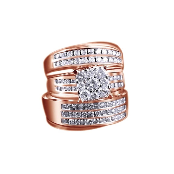 AFFY Round Cut White Cubic Zirconia Engagement & Wedding Trio Fashion Band Ring Set In 10k Solid Rose Gold (2 Cttw)