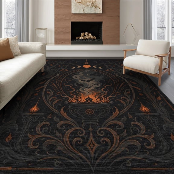 ODIKA 8'x10' Washable Area Rug Non-Slip Chair-Friendly Mat Orange Dark Charcoal Mystical Design Intricate Occult Motif with Celestial Symbols for Dining Room, Large Office, Lounge