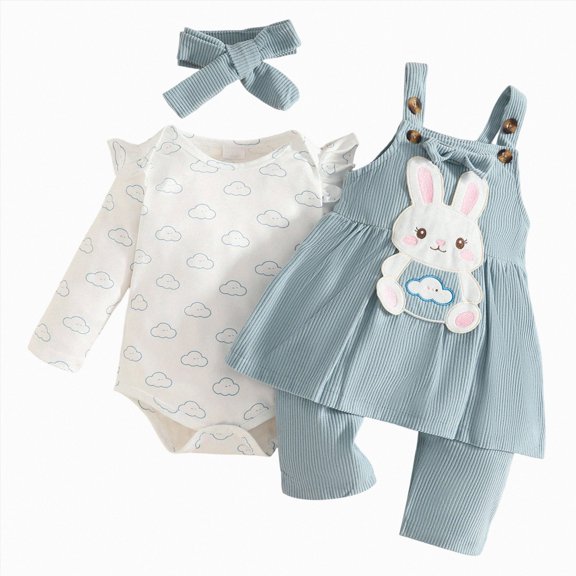 Linfrsh Newborn Baby Girl Clothes Infant Boy Romper Fall Winter Outfits Bodysuit 3Pcs Long Sleeve Top Overalls 6-24M (Blue,12-18 Months)