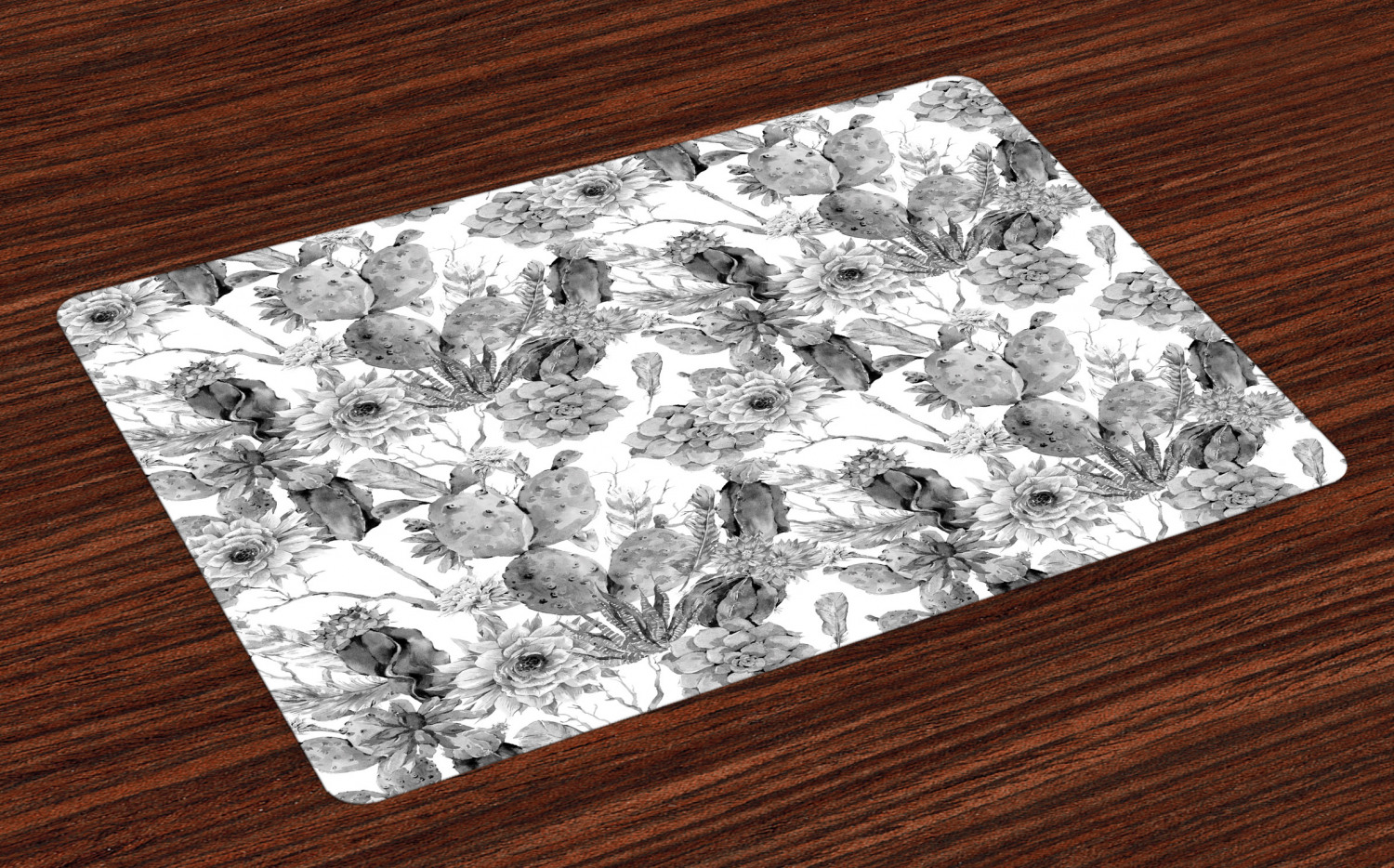 Cactus Placemats Set of 4 Boho Chic Style Monochrome Cactus Flowers and