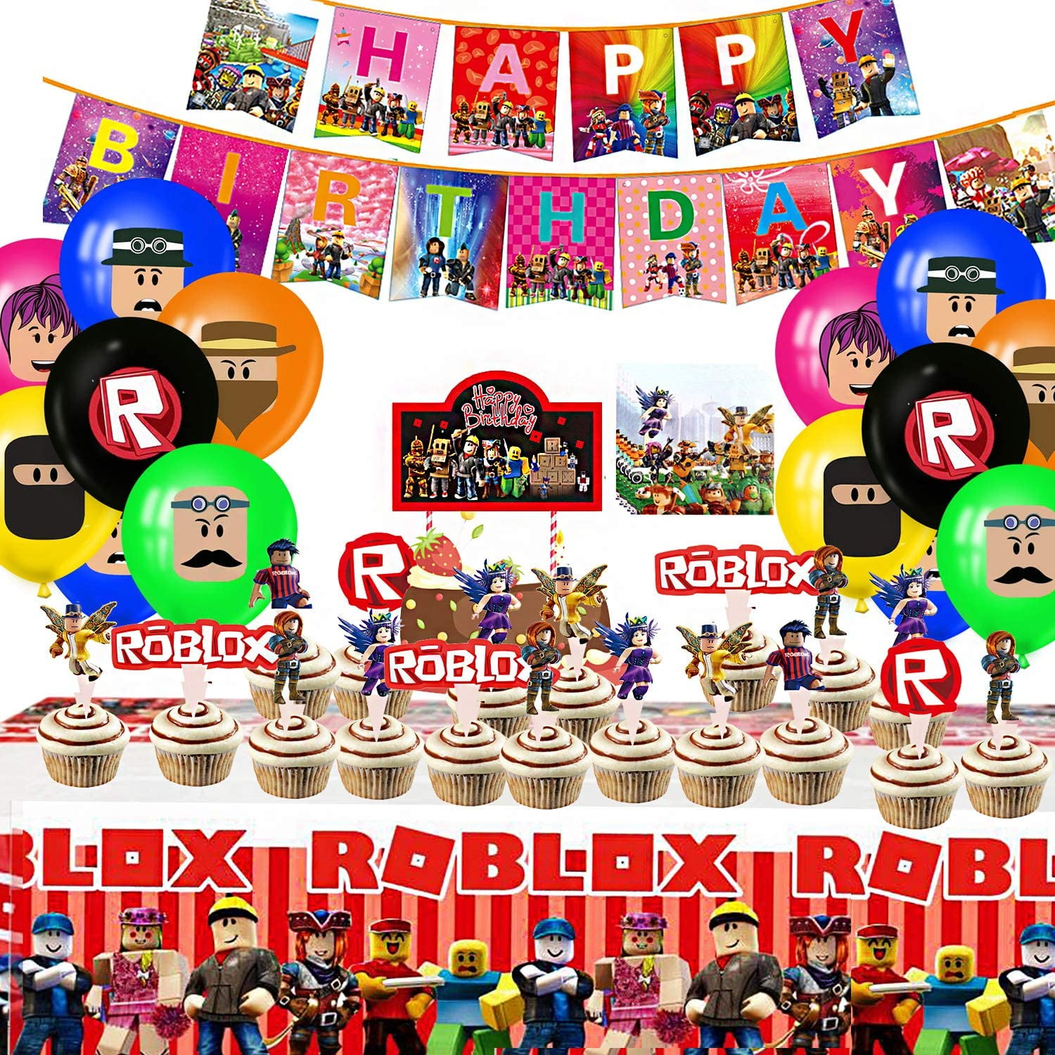 Robot Blocks Party Supplies For Kids Birthday Ro Blox Decorations Included Banners Cake Topper Cupcake Toppers Tablecover Napkins And Balloons For Kids Party Supplies Robot Blocks Birthday Party Walmart Com Walmart Com - roblox balloons party city