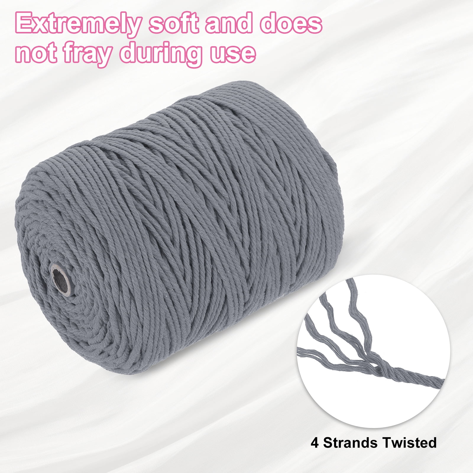 Uxcell Natural Macrame Cord 3mm x 328 Yards 4 Strand Twisted Cotton Macrame Rope for DIY Knitting Plant Wall Hanger Dreamcatcher, Deep Gray