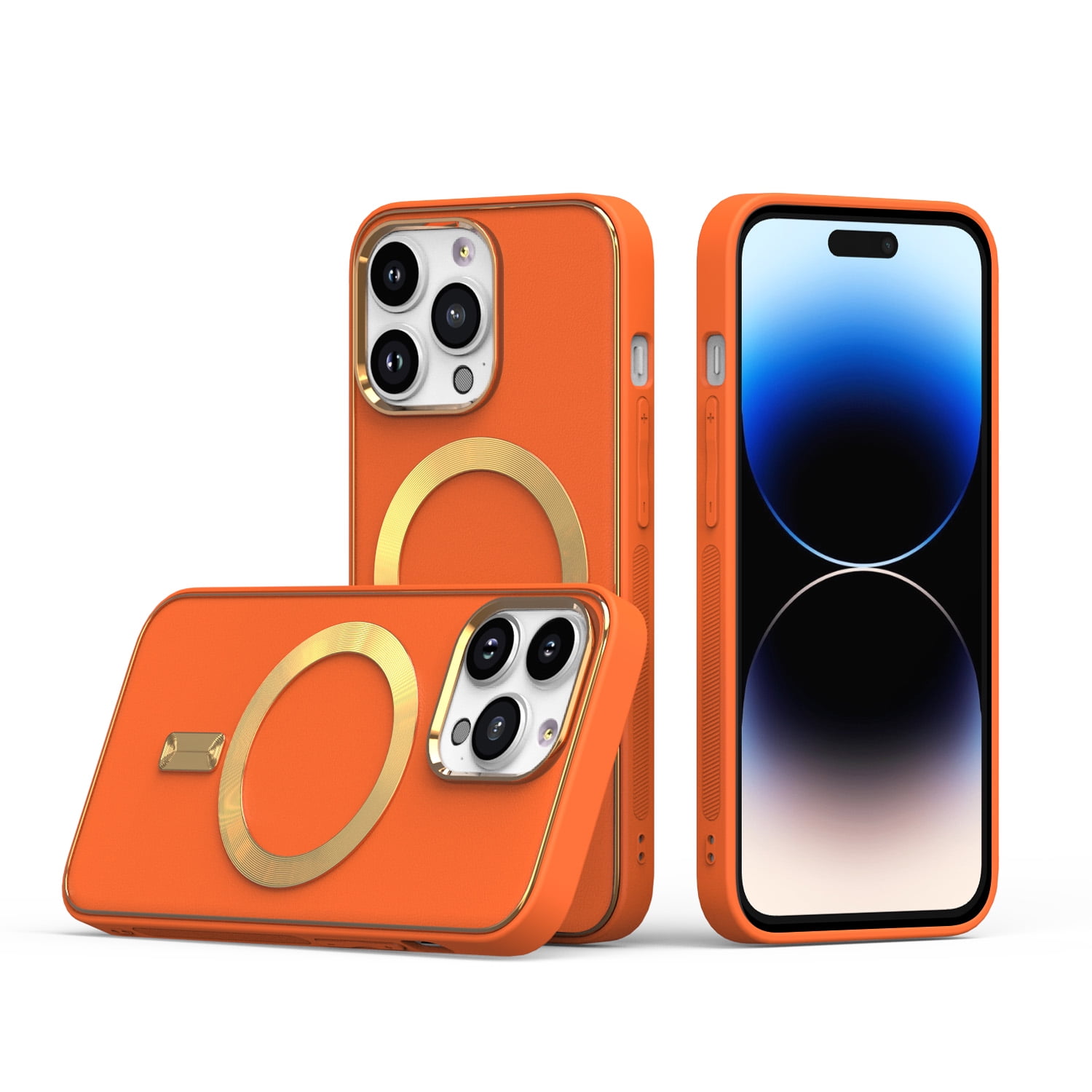24k Gold Ostrich Orange Leather iPhone 14 Pro and 14 Pro Max Case