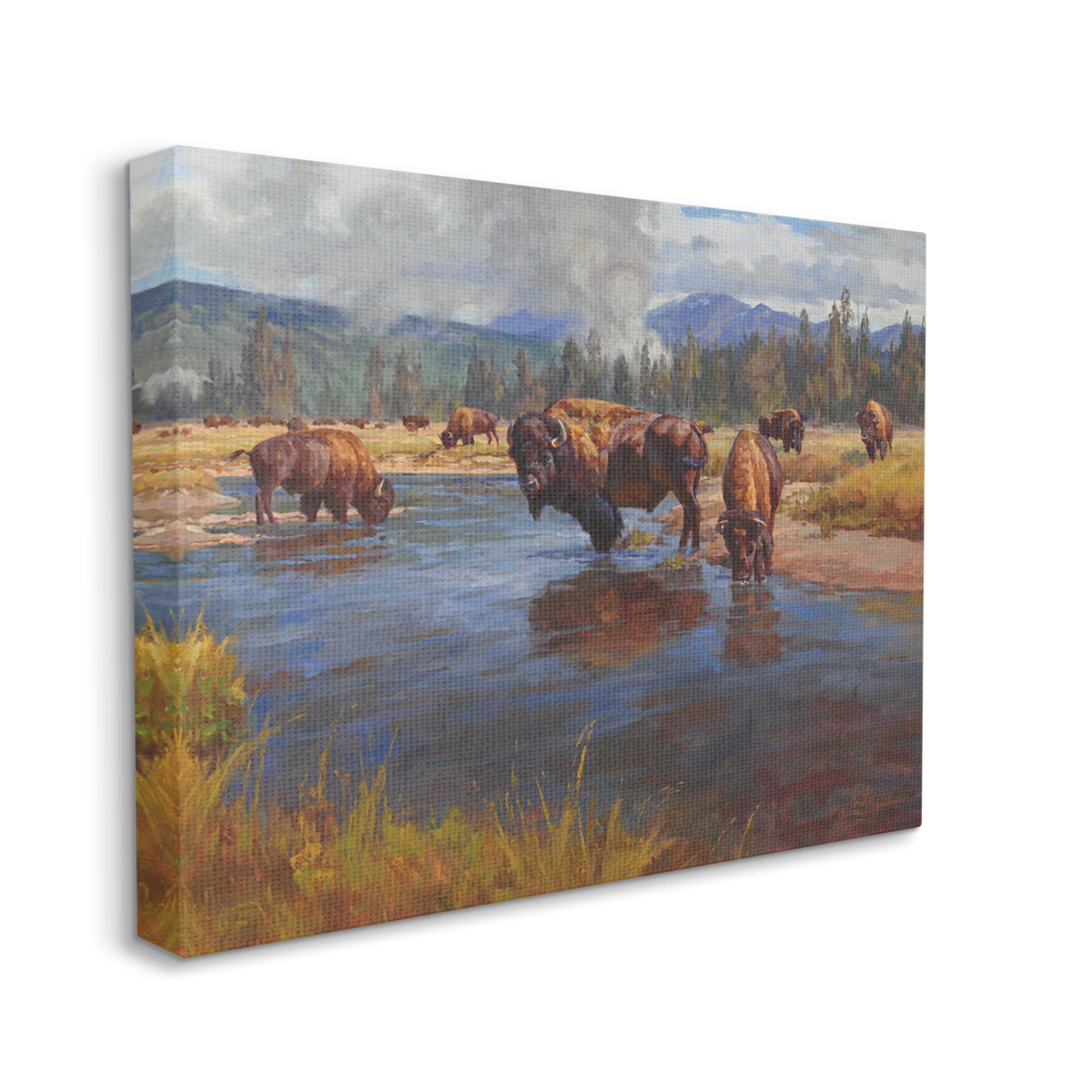 Stupell Industries Bison Herd by River Animals & Insects Painting Gallery Wrapped Canvas Print Wall Art, 30 x 24