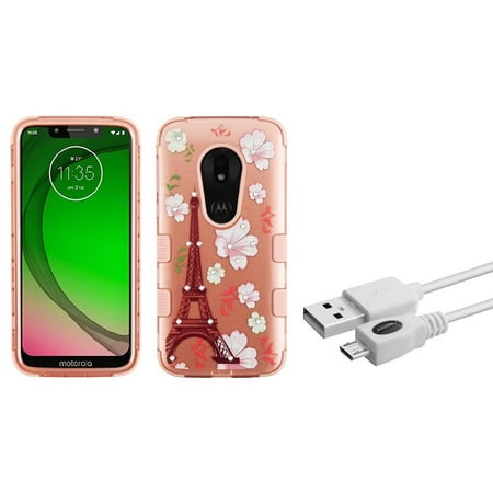 Insten Tuff Eiffel Tower Dual Layer Hybrid PC/TPU Rubber Case Cover For Motorola Moto G7 Play - Rose Gold (Bundle with Micro USB