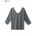 thumbnail image 4 of Spencer Women's 3/4 Sleeve Loose Blouse V Neck Back Buttons T Shirts Casual Solid Tops for Summer Fall Plus Size "Gray,2XL", 4 of 8