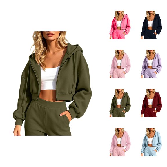 Cropped Zip Up Hoodie Women Long Sleeve Drop Shoulder Casual Hooded Sweatshirt Y2k Crop Jacket Fall Winter Coat Outerwear