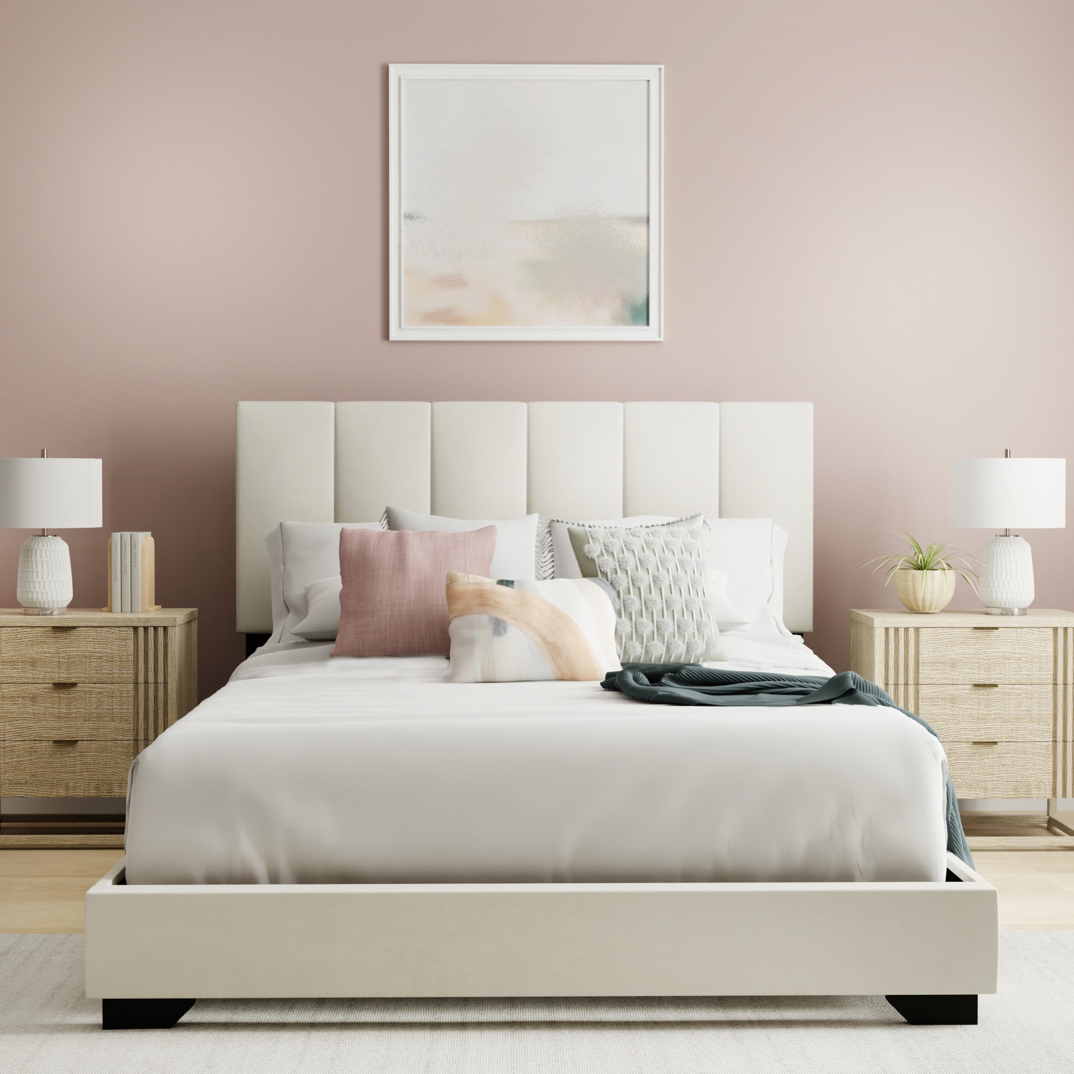 Reece Channel Stitched Upholstered Full Bed, Ivory, by Hillsdale Living Essentials