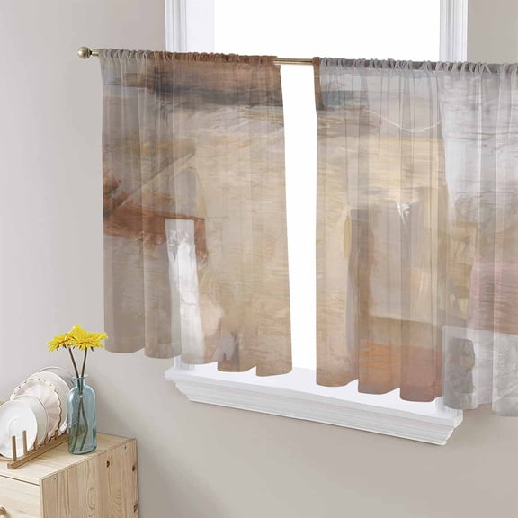Brown Painting Semi Sheer Curtains 54 Inch Length 2 Panels Set, Modern Abstract Retro Art Aesthetics Sheer Kitchen Curtain Privacy Voile Window Curtain for Living Room Bedroom Rod Pocket Drapes