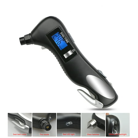 TSV 5-In-1 Digital Tire Pressure Gauge Monitor LED Flashlight,Safety Hammer,Seatbelt Cutter,Red LED (Best Tire Pressure Gauge 2019)