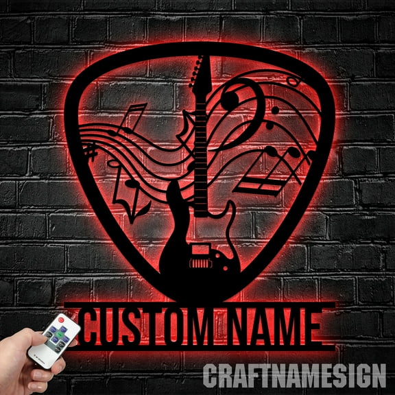 Craftnamesign Personalized Guitar Pick Metal Wall Art With Led Lights, Custom Music Room Decor