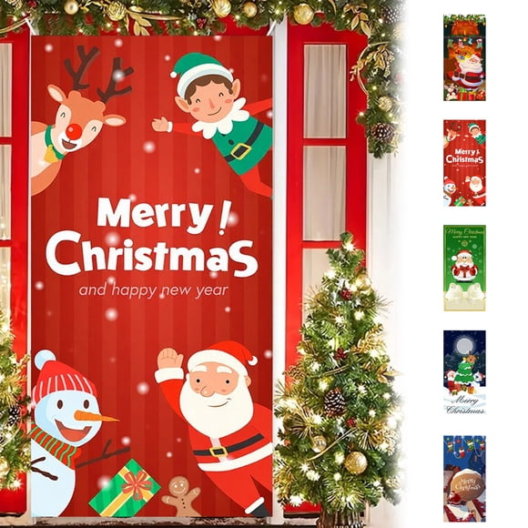 Cortina de puerta de Navidad con Papá Noel y cachorro - Decoración navideña exterior para la puerta principal, fondo de tela festiva de 72x35 pulgadas