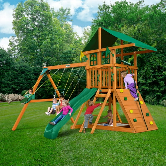 Gorilla Playsets 01-1077 Avalon Treehouse Wooden Swing Set with Oversized Green Vinyl Canopy Roof, Climbing Wall, Ladder, Swings and Slide