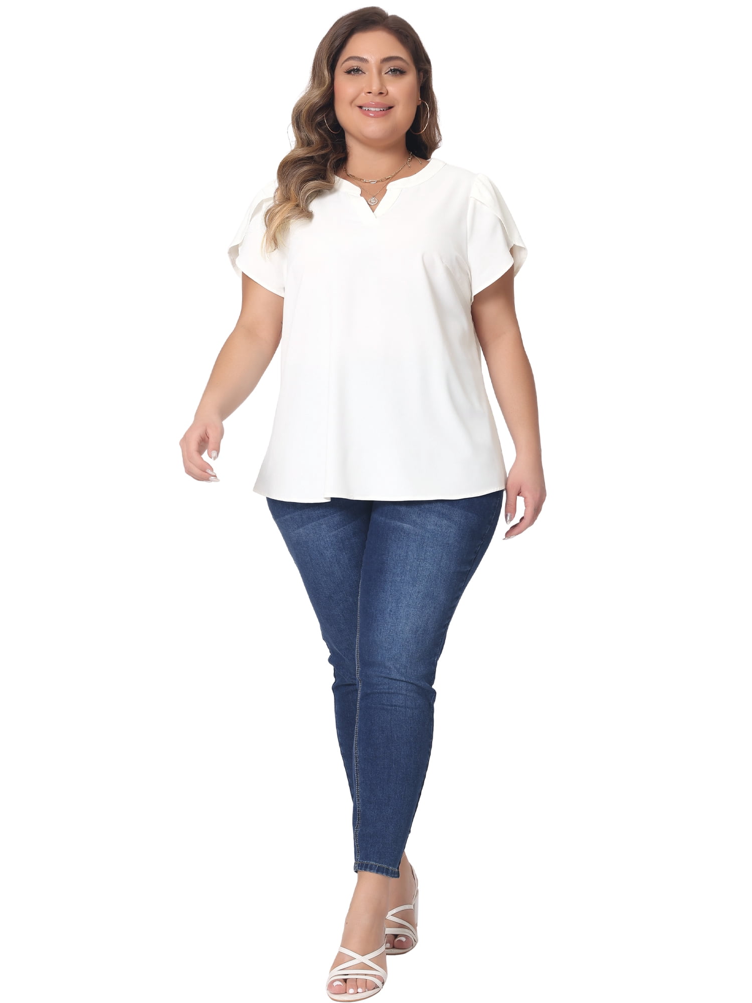 Women's Plus Blouses Notched V Neck Short Petal Sleeve Shirts Casual Dressy Tops 2X White