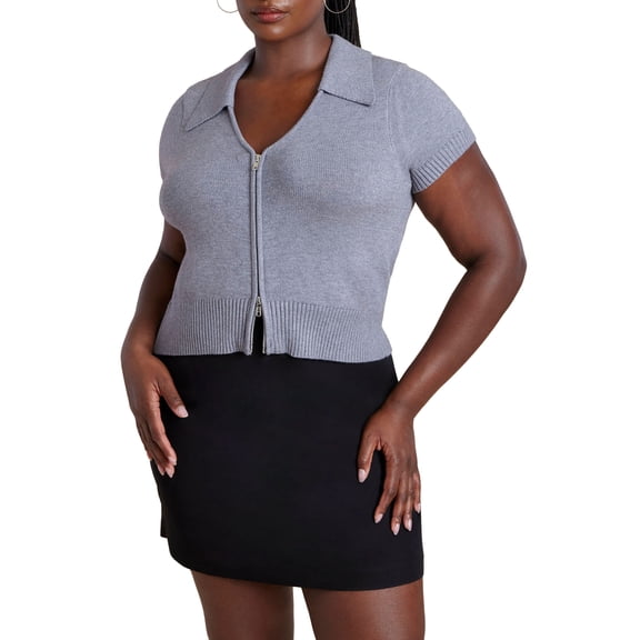 ELOQUII Women's Plus Size Cropped Zip Up Polo Sweater