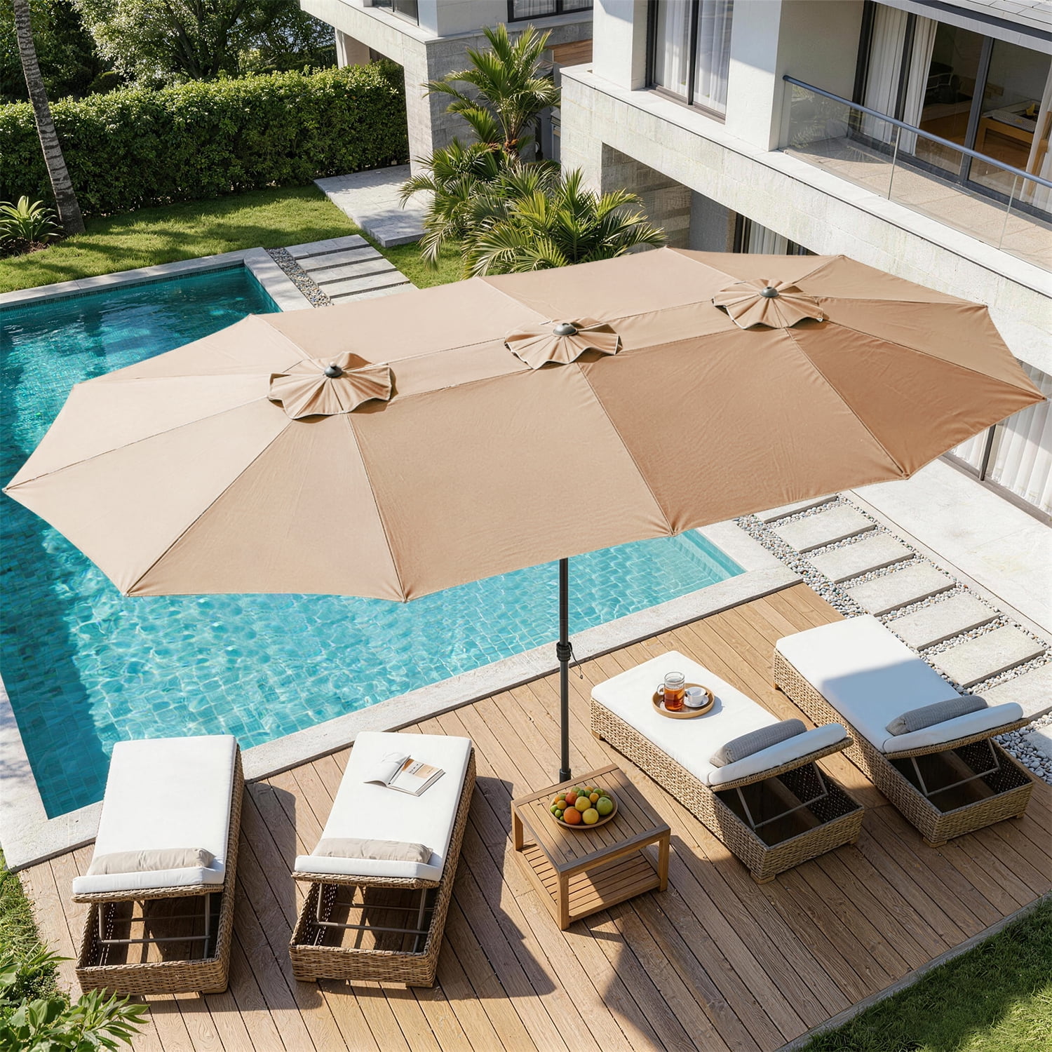 BaPiPro 15FT Off-White Large Double Head Patio Umbrella, Waterproof UV & Tear Resistant Fabric, Windproof Reinforced Steel Frame, Easy Hand Crank for Patio, Pool, Garden & Deck