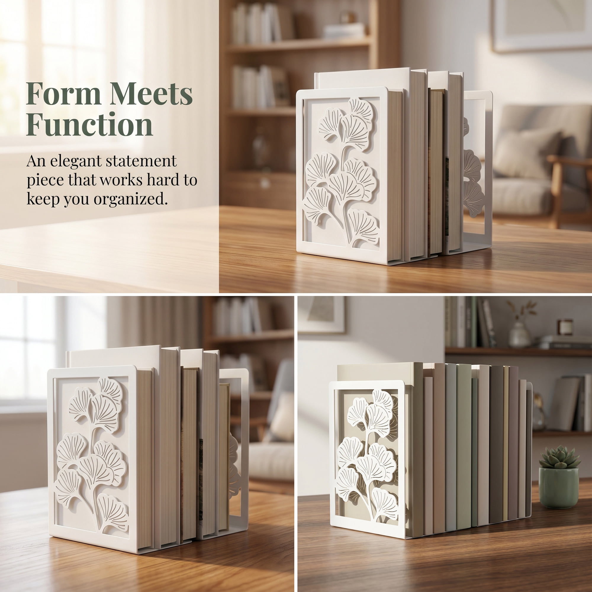 Unique Bargains Decorative Non-Skid Hollow-out Metal Bookends for Home White 4.7"x3.5"x7"
