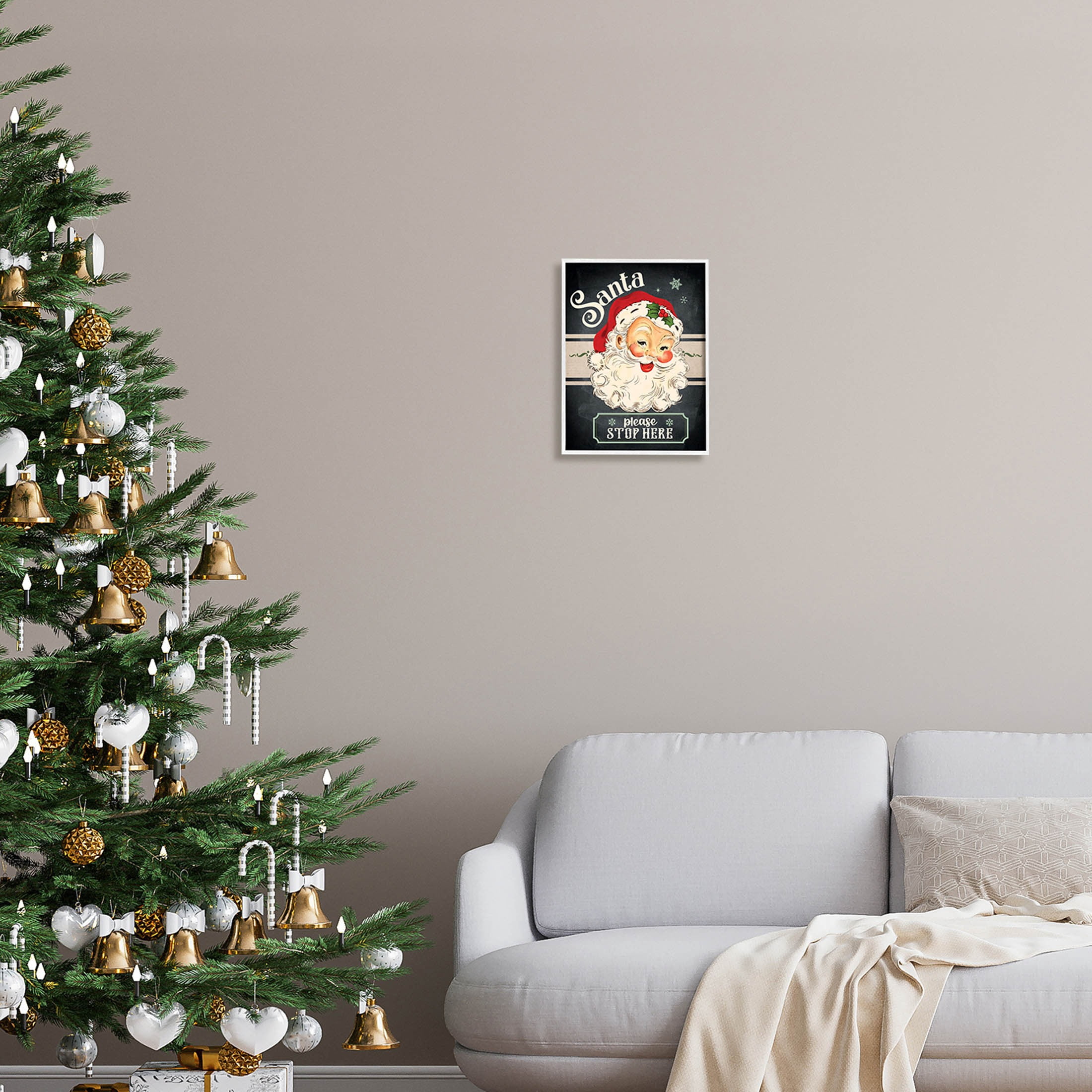 Santa Please Stop Here Vintage Smiling Holiday Graphic Art White Framed Art Print Wall Art