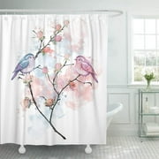PKNMT Original Designer Watercolor Couple in Love Birds on Branch Roses Gentle Pink Bathroom Shower Curtains 60x72 inch