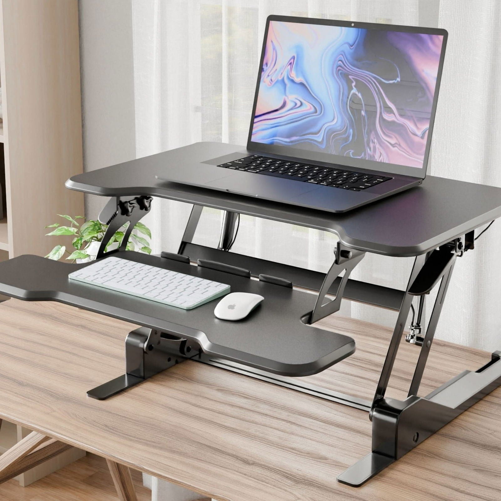 30'' Compact Standing Desk Converter – Height Adjustable Sit Stand Riser with Keyboard Tray, Gas Spring Lift – Ideal for Small Spaces, Home or Office, Black