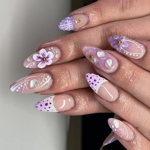 KUFptva 24Pcs Almond Press on Nails Flower French Fake Nails Acrylic False Nails Artificial Nails Glues on Nails for Womens