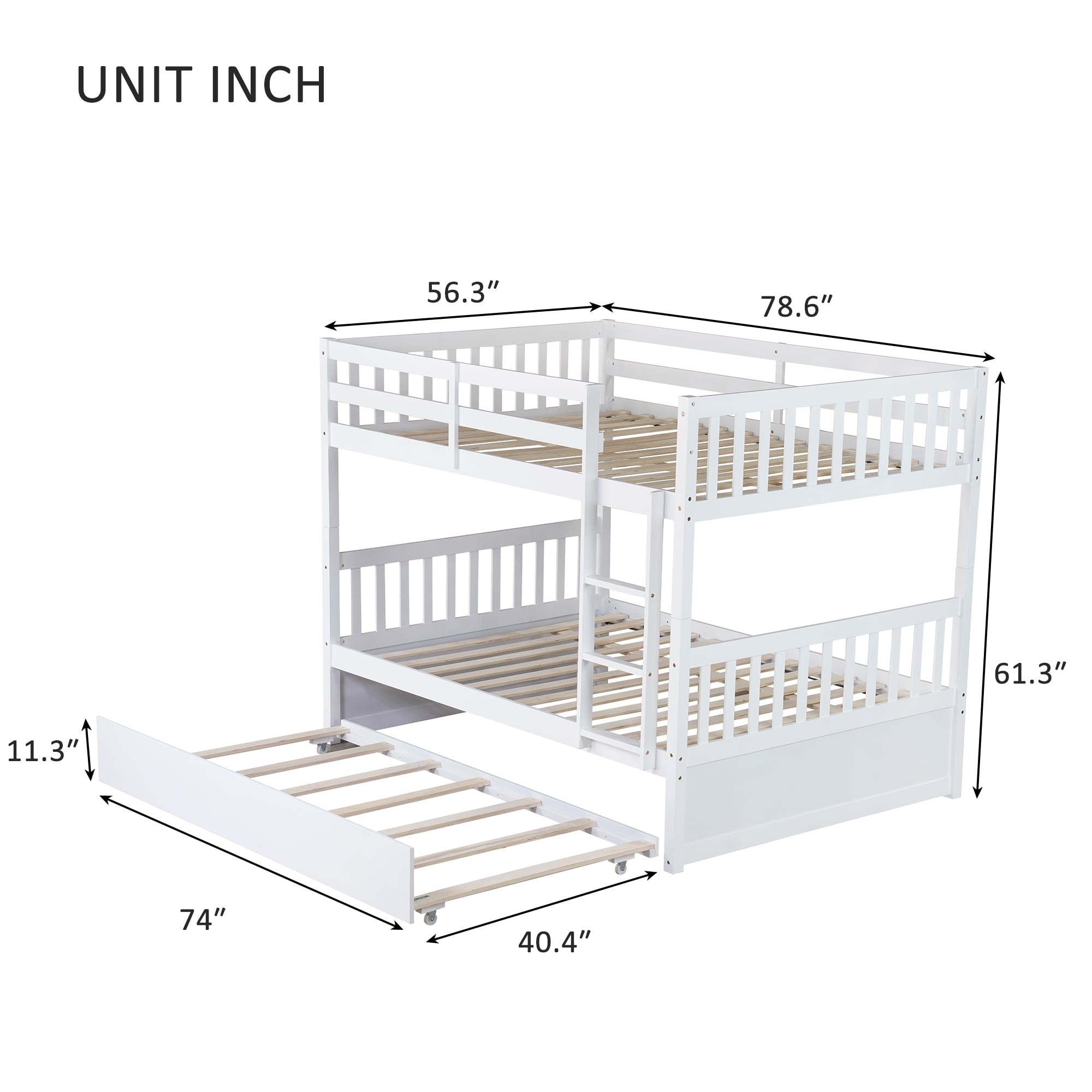 Sailvan Full Over Full Rubber Wood Bunk Bed with Trundle Ladder Guardrails, Convertible to 2 Beds