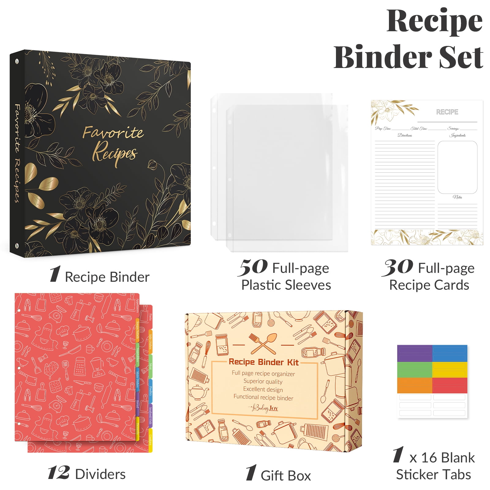 Recipe Binder 8.5x11 3 Ring with Plastic Sleeves & 30 Blank Full-Page Recipe Cards, Cookbook Binder to Write in Your Own Recipes (Black Floral)