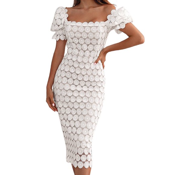 WTXUE Vêtements de Travail, Robes en Tricot à Manches Courtes Col Rond de Travail, Robe en Dentelle Élégante Affaires Dames Robe Ol Robe de Fête Midi Unie Mi-Longue Femmes, Blanc Taille TG