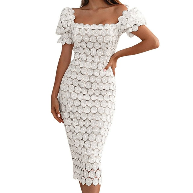 WTXUE Workwear , Robes en Tricot à Manches Courtes pour le Travail Col Ras du Cou, Robe en Dentelle Élégante Affaires Dames Robe Ol Robe Midi de Fête Unie Mi-Longue Femme, Blanc Taille P