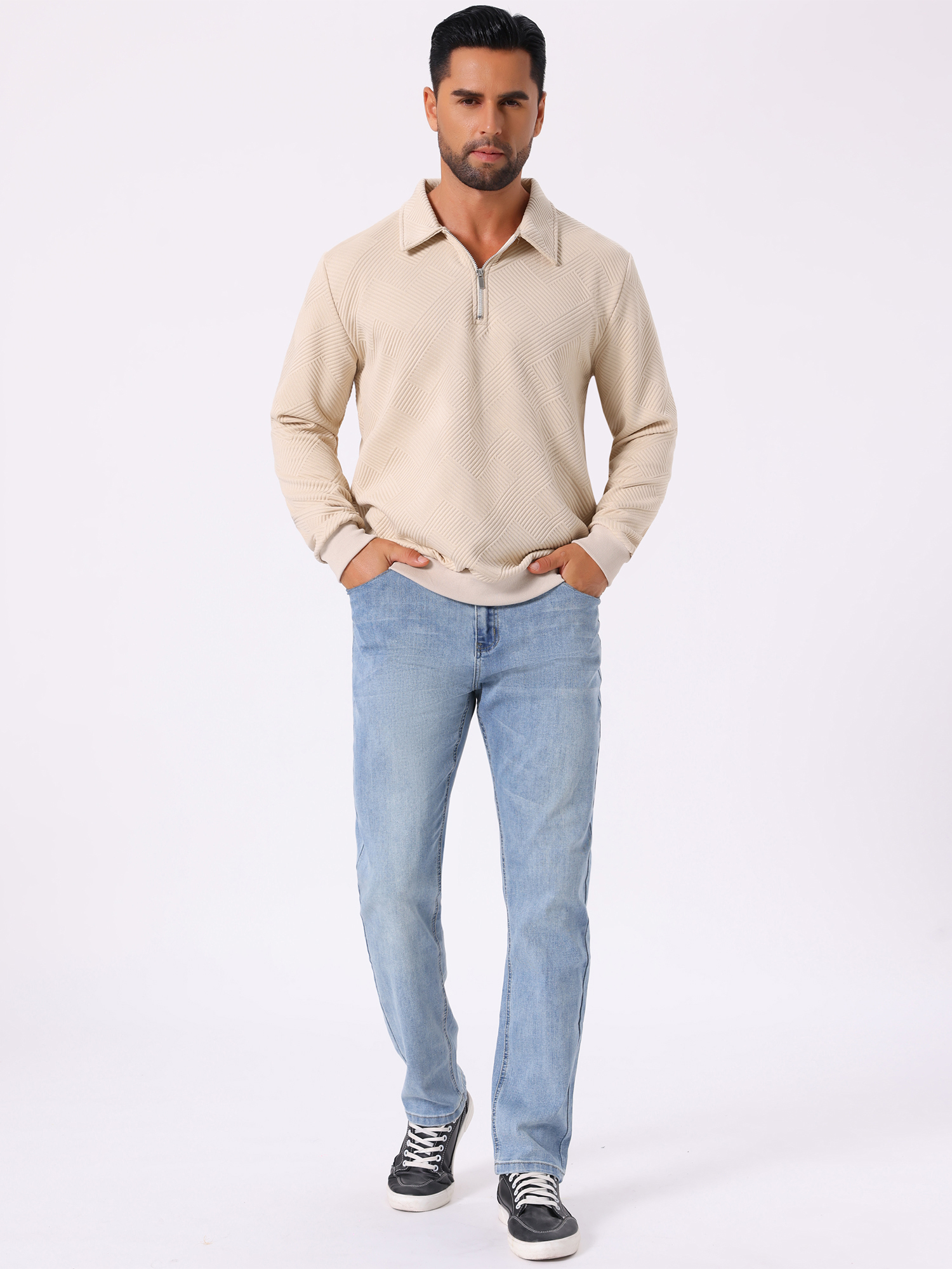 DARING DIVA Zip Pullover Long Sleeve Knitted Sweatshirts 2XL Beige
