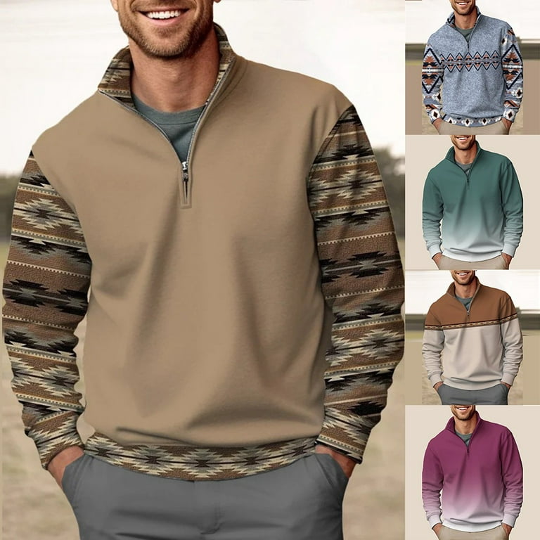 YIWEI Mens Casual Sweatshirt Long Sleeve Retro Stand Collar 3D Printing  Pullovers Tops 