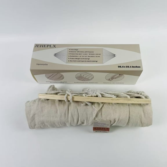 JEHEPLX Hammocks,12ft Double Hammocks, Handwoven Traditional Cotton Rope Hammock with Hardwood Spreader Bar (Beige, Full)