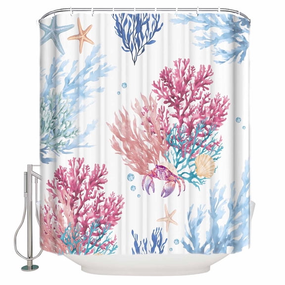 Pink Blue Coastal Bathroom Shower Curtains with 12 Hooks Polyester Waterproof Shower Curtain for Stalls and Bathtubs Ocean Coral Summer Beach Nautical Decorative Bathroom Privacy Curtain 72x72 Inches