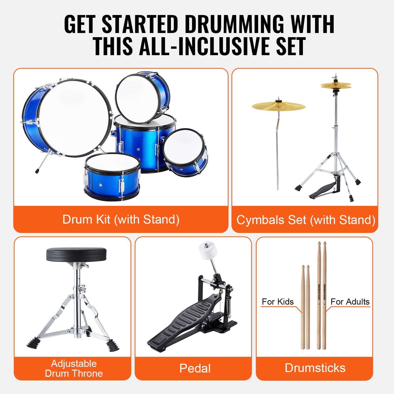 Kids Drum Set, 5-Piece, 16 in Beginner Full Drum Set with Bass Toms Snare Floor Drum Adjustable Throne Cymbal Hi-Hat Pedal and Two Pairs of Drumsticks, Starter Drum Kit for Child Kids, Blue