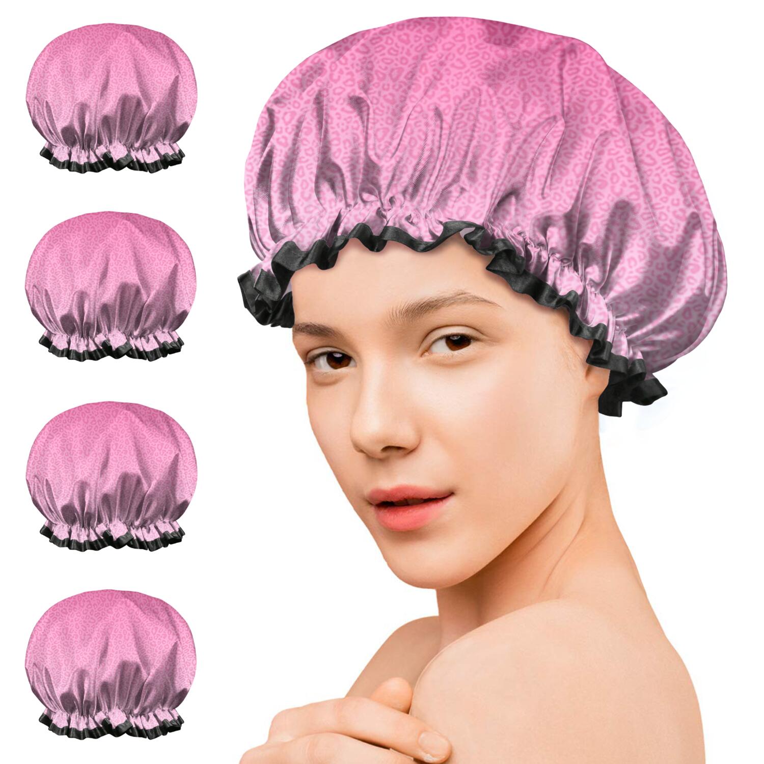 Shower Caps,Pink Gradient Leopard Print Waterproof Shower Cap for Women 4 Pieces,Double Reusable Hair Cover for Shower PEVA Elastic Stretch Hem