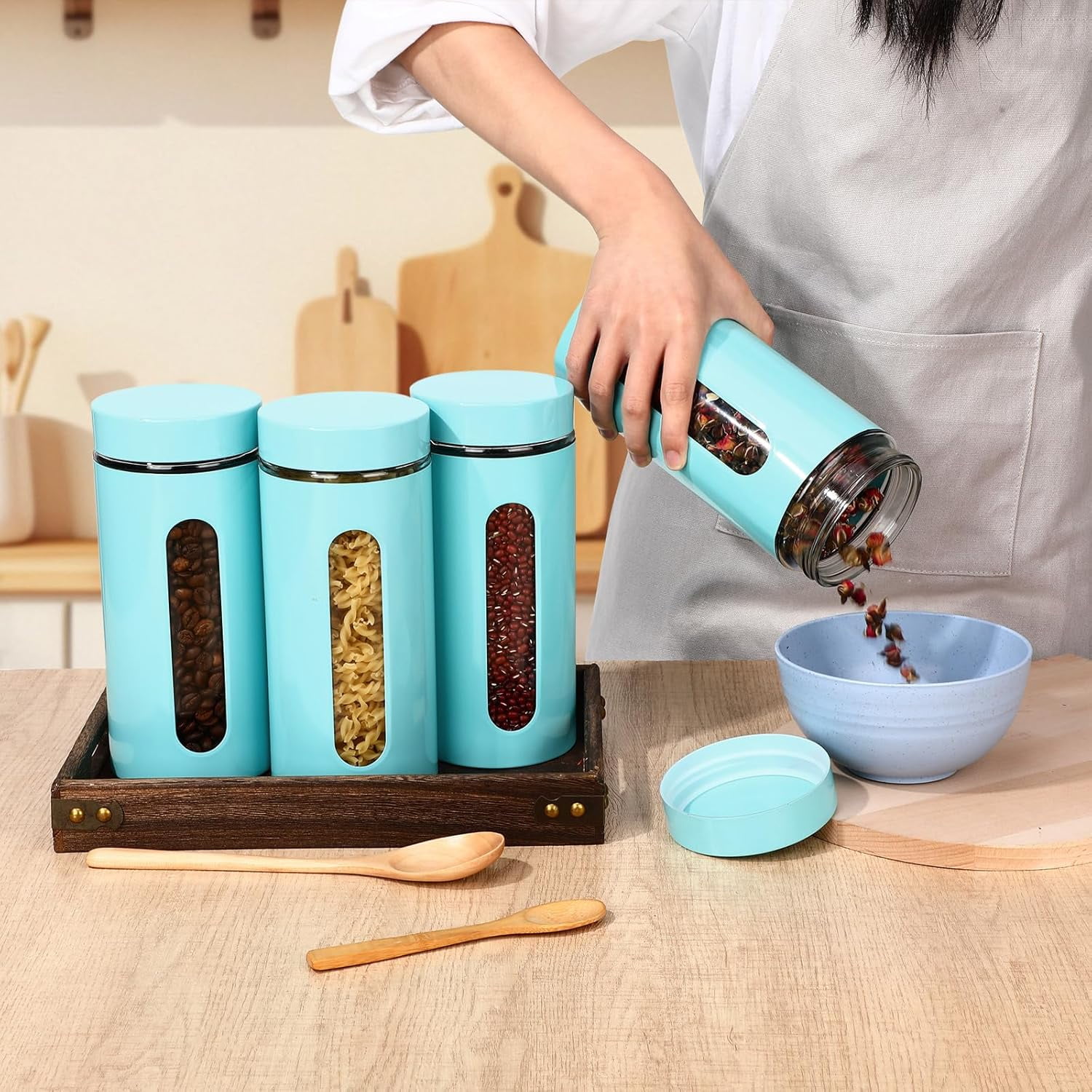 6 Pack Kitchen Canisters Set Airtight Stainless Steel Canister Food Storage Container with Window Glass, Coffee Sugar Candy Jars Tea Organizer for Flour Cookies Spice(Turquoise,44 oz)