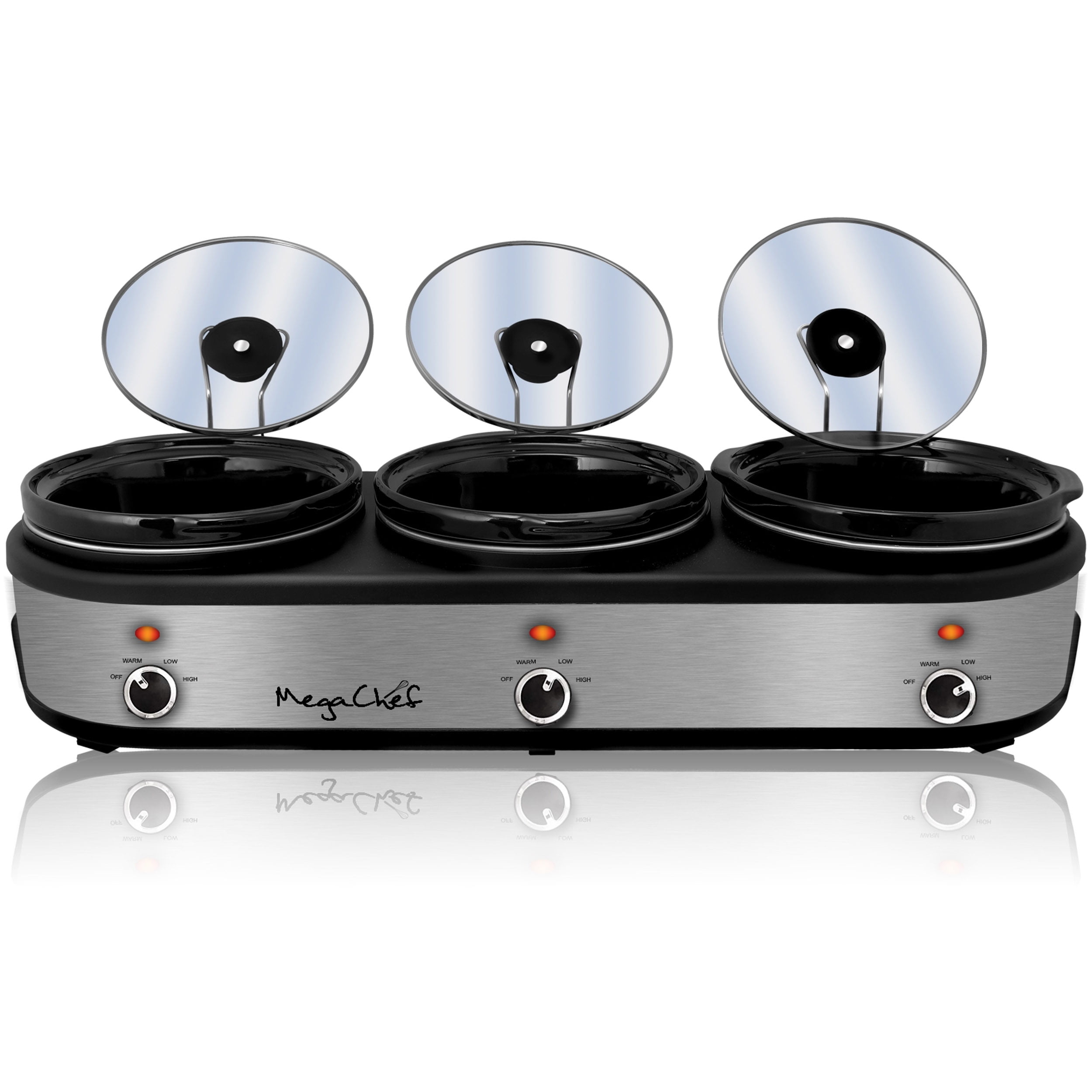 MegaChef Triple 2.5 Quart Slow Cooker and Buffet Server in Brushed Silver and Black Finish with 3 Ceramic Cooking Pots and Removable Lid Rests