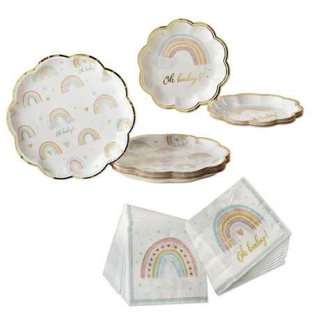 Boho Rainbow Baby Paper Plates Napkins, Kate Aspen 16pcs 7 inch & 16pcs 9 inch Heavy Duty Disposable Party Plates, 30pcs 6.5 inch Durable Paper Napkins for Birthday, Baby Shower Party