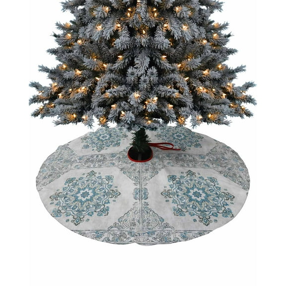 Vintage Teal Christmas Tree Skirt 36 Inches Large Christmas Skirt Tree, Boho Ethnic Mexican Floral Southwestern Tree Skirt Christmas Decorations for Fireplace Party Holidays Indoor Outdoor