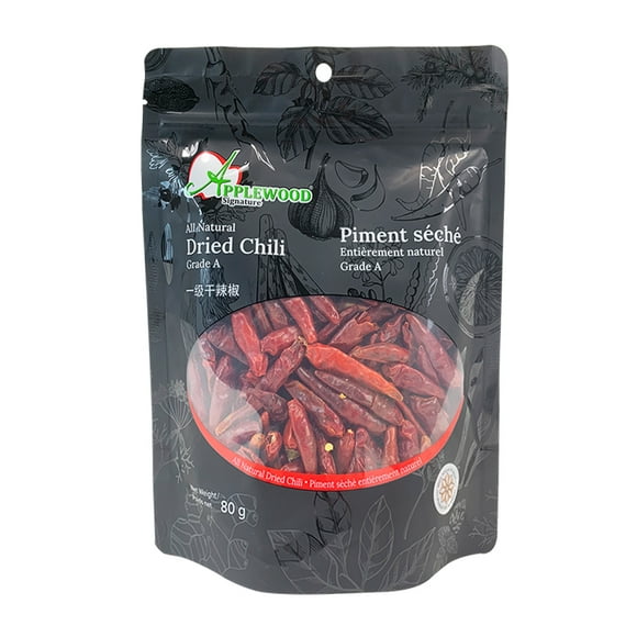 APPLEWOOD SIGNATURE PIMENT SÉCHÉ (QUALITÉ A) Ce piment rouge enter séché de qualité supérieure a une peau fine et une chair épaisse, une saveur épicée prometteuse et un arôme riche et audacieux. Couramment utilisé dans la cuisson des fondues, ce piment séché est également utilisé dans la production de produits d'épices populaires.